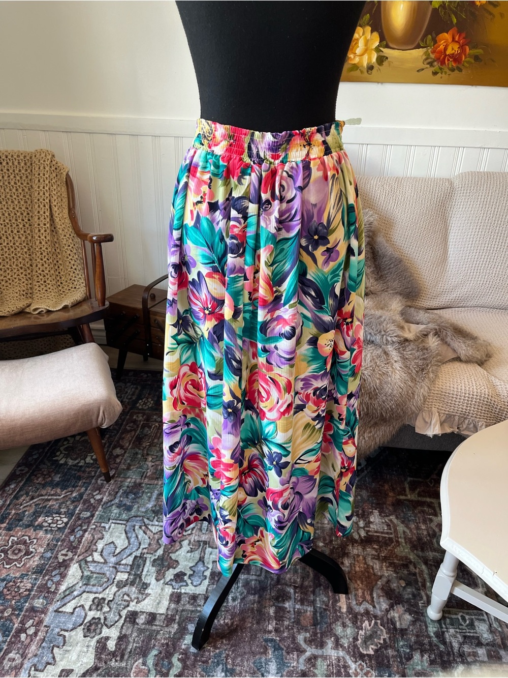 Fairset Vintage Floral Summer Multicolor Maxi Skirt Size S/M Stretchy Waist 26” - Picture 5 of 9